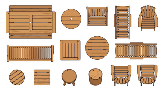 Wooden outdoor furniture top view icons, garden patio furniture set with tables and chairs, 14 vector elements for landscape design and floor plans
