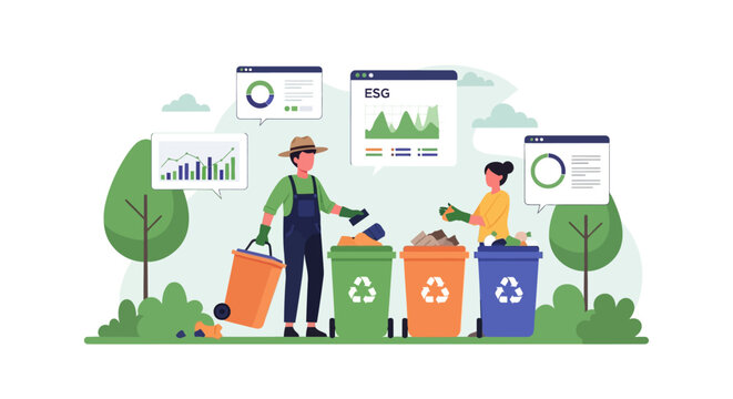 People sorting waste into recycling bins with data charts.