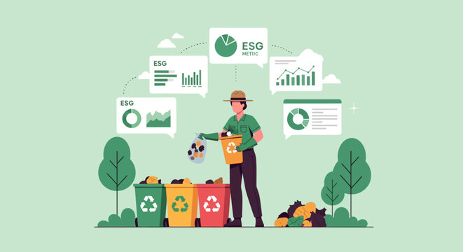 Person sorting waste into recycling bins with data charts.