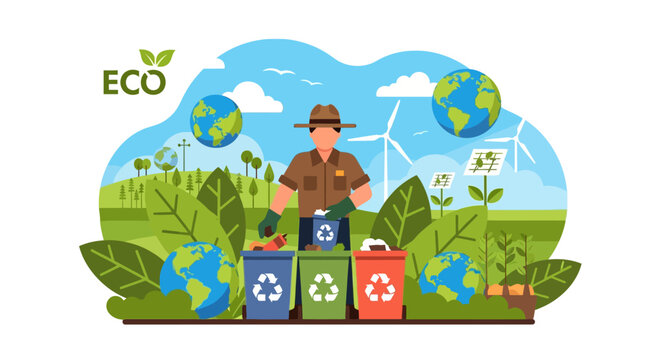 Park Ranger Sorting Recyclables with Earth Globes and Wind Turbines.