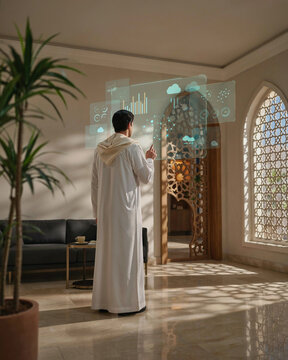 Arabian man operating complex data visualization network inside ornate architectural office.