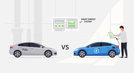 Naklejka premium Electric Car Charging vs. Traditional Fuel Car, Smart Energy System
