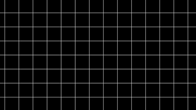 Minimalist white grid lines moving on a deep black background, seamless abstract motion pattern for modern digital technology interface overlay, and creative motion background