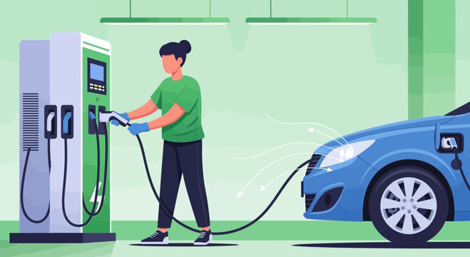 Person charging electric car at charging station, sustainable transport concept