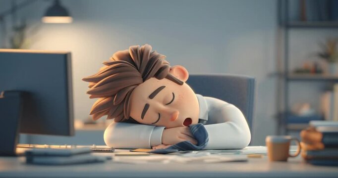 Tired businessman snoring cartoon sleeping at office desk. 4K Video