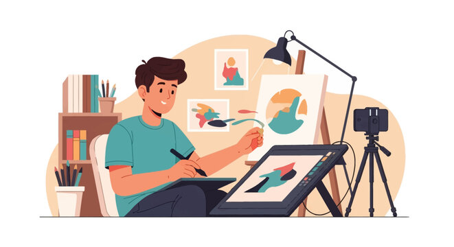 Vector illustration of a young male artist creating digital art on a graphics tablet while filming a speed painting tutorial with a smartphone on a tripod in a creative studio.