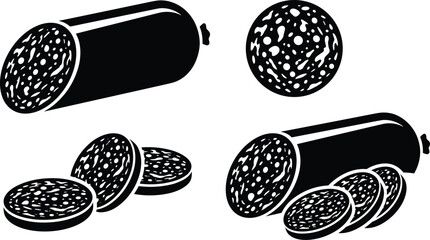 Naklejka premium Black silhouette sausage collection, sliced salami icons for food menu, delicious meat product, culinary ingredient, deli snack