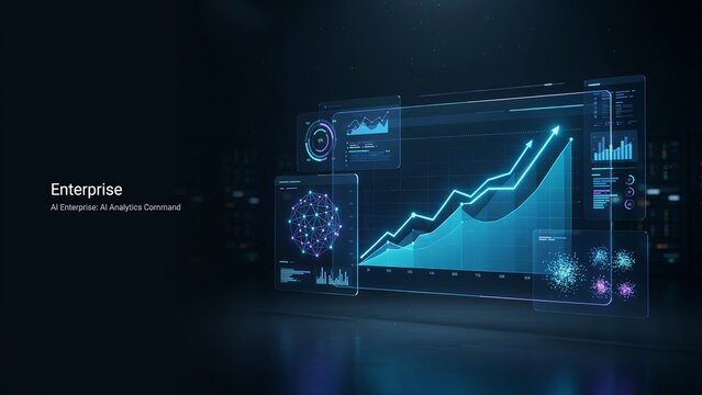 Financial growth chart and enterprise business metrics on digital holographic screen with financial business dashboard enterprise hologram interface analysis statistics technology investment
