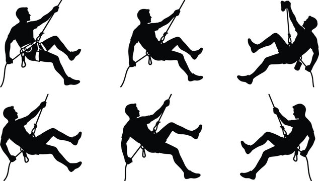 Black silhouettes of men rappelling down with climbing ropes, isolated on white background, outdoor extreme sports activity