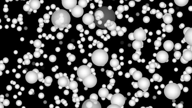 Abstract motion background, featuring floating white, spheres and bubbles, moving in a, dynamic 3 d, space with a, deep black backdrop, for modern digital, projects and creative, visual presentations