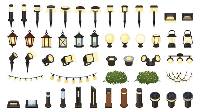Outdoor garden lighting collection, landscape solar lamps and patio string lights vector set, modern exterior illumination equipment icons
