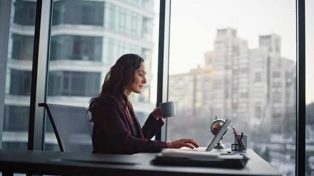 Professional typing laptop keyboard start work day working office desk closeup