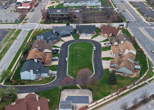 Aerial view suburban residential cul de sac community living