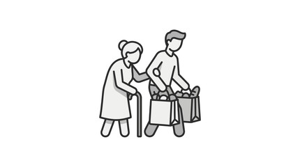 Obraz premium Young man helping elderly woman carry grocery bags.