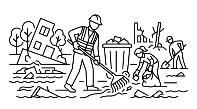 Volunteers cleaning up debris after natural disaster.