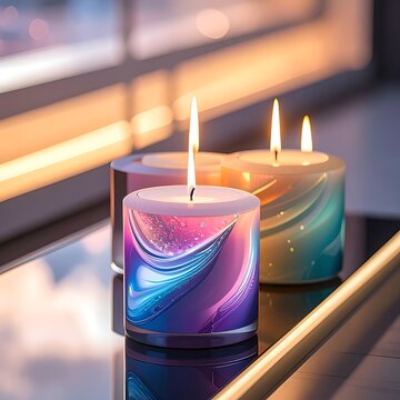 A close-up of three colorful candles with flames on a reflective surface