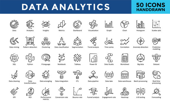 Data Analytics icons set with data, analytics, insights, metrics, dashboard, visualization, graph, chart, histogram, scatter plot icon. Simple handdrawn vector 

