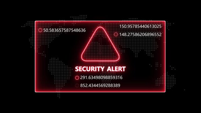 Cyber security alert warning interface with glowing red digital warning sign and dynamic data streams over a global network map for advanced information technology and data protection presentations
