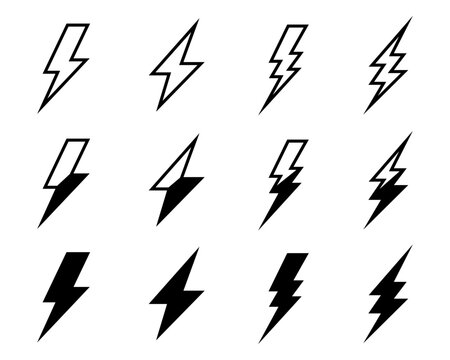 Set of lightning bolt icons in outline and filled styles, featuring electric flash symbols for power, energy, speed, warning, and thunder design.