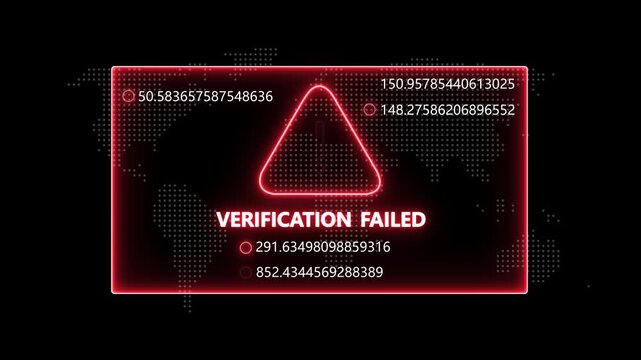 Digital verification failed warning alert with glowing red neon warning triangle and rapidly changing data streams on a dark abstract map background, for cybersecurity and, system error concepts
