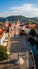 Obraz premium Scenic View of Historic Town with River and Mountain Backdrop.