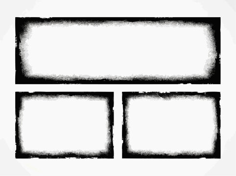 Set of distressed black ink rectangular frames with grunge textured borders on a white background for artistic photo framing and design elements