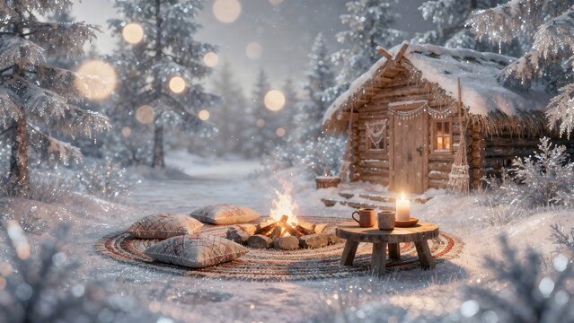 Log cabin sits in a snowy forest clearing with a glowing fire pit and warm seating area prepared for a winter evening.