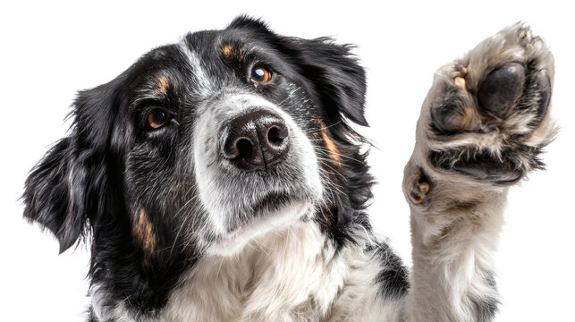 Dog giving a paw, isolated on a white background