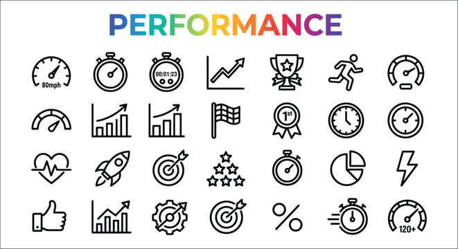 Performance line icons set featuring speedometers timers and achievement symbols on a white background analytics arrow award bar graph chart clock