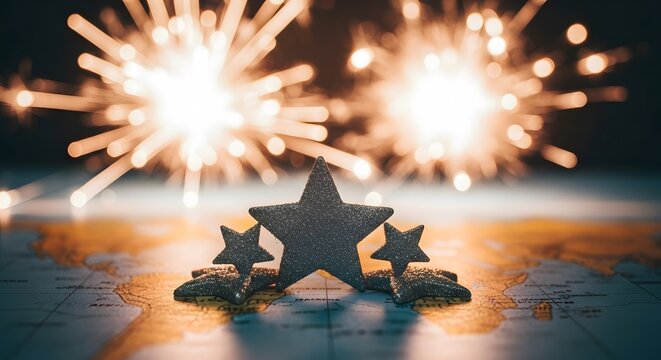 featuring a dark silhouette of a world map against a sparkling gold background with festive stars and light trails.