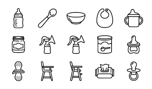 Baby Feeding Icon Collection with Editable Infant Care Vector Symbols