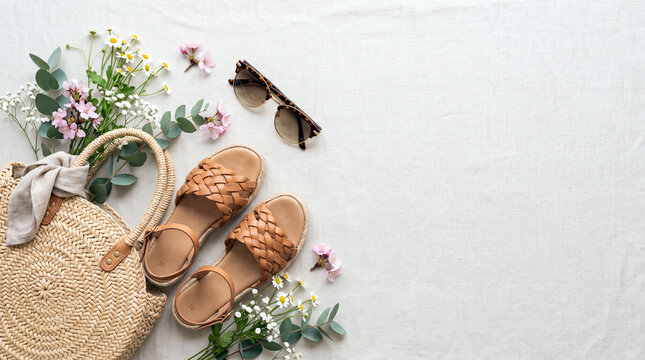 Summer Vacation Flat Lay With Straw Bag Sandals Sunglasses And Flowers
