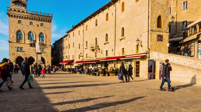 SAN MARINO - NOVEMBER 27 2016: Palazzo Pubblico (Public Palace) is town hall of City of San Marino and Statue of Liberty. Captains Regent, Grand and General Council, Council of XII, Congress of State.