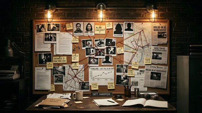 Detective investigation board with photos maps and evidence pins crime scene analysis