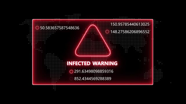 Cyber security infected warning system digital interface with glowing red alert and dynamic data streams for global network threat detection and computer virus protection concept background animation