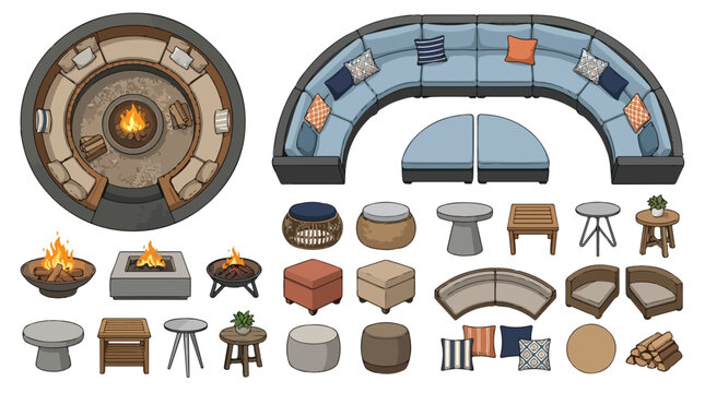 Modern outdoor furniture set, top view patio lounge collection with fire pit and curved sofa, architectural garden landscape design elements vector isolated PNG with Transparent Background