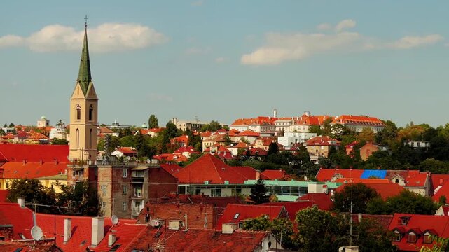 ZAGREB, CROATIA - JULY 12 2017: Church of St. Francis. Approach of camera. Panoramic View-Point of Zagreb City. Archdiocesan Pastoral Institute.