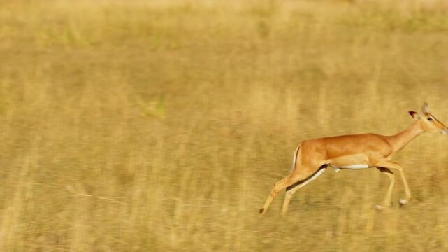 Swift and agile impala (Aepyceros melampus) showcases its impressive running and jumping skills in the sun-drenched savannah. With each effortless leap, its slender legs propel it forward. 