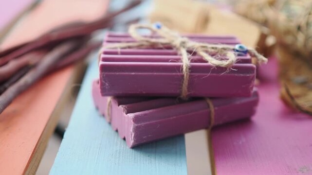 Making simple purple soap at home during afternoon