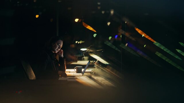 Busy entrepreneur calling cellphone at night office closeup. Woman ending call
