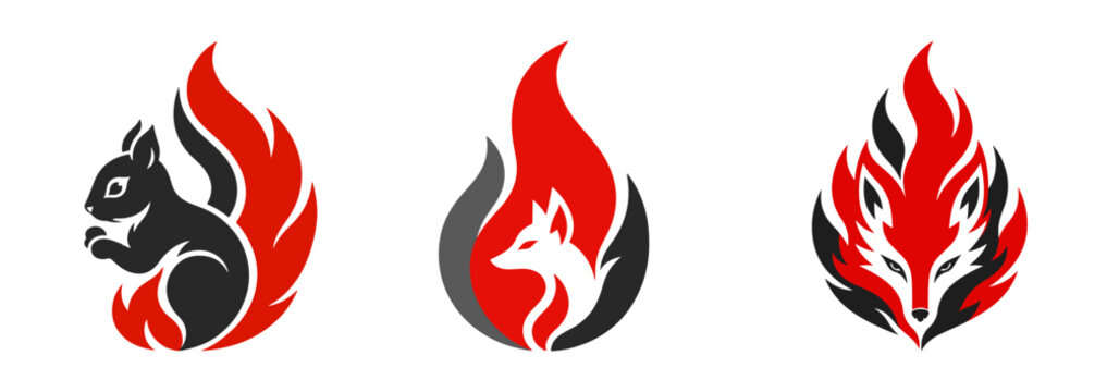 Abstract Animal Flame Logo Set Featuring Squirrel and Fox Symbols for Esports and Branding Design