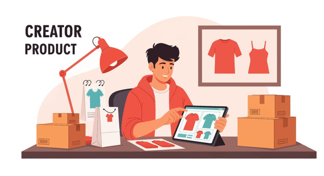 Vector illustration of a young male creator at a desk using a tablet to design custom apparel merchandise, including shipping boxes, a red desk lamp, and t-shirt mockups on screen.
