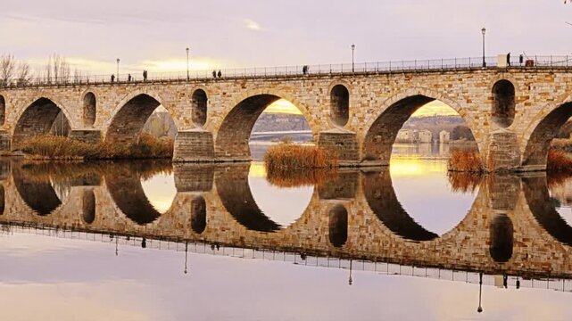 Masonry Pointed arch Stone bridge (Puente de Piedra) across the river Duero in Zamora, Castile-Leon, Spain. Reflection in the water. Autumn nature.