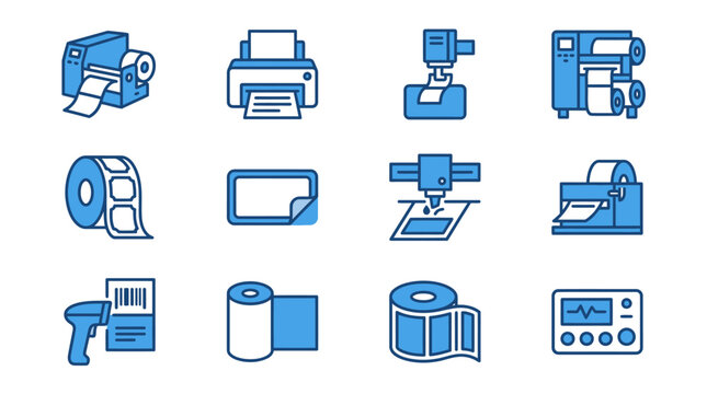 Professional printing and labeling equipment vector icons.