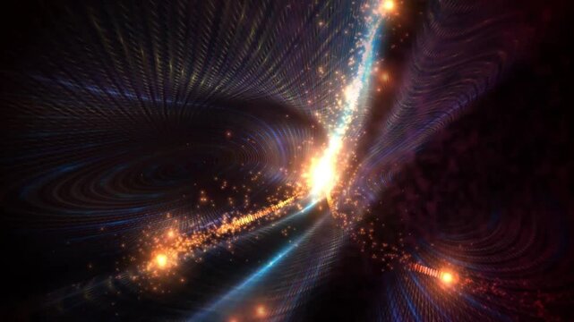 Vibrant cosmic tunnel pulses with energy and light. Golden sparks swirl around radiant cores. Deep blues contrast with fiery orange hues. Distant stars trace curved paths through space