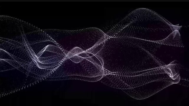 Ethereal stream of light particles dances against dark void. Flowing waves ripple with glowing dots, forming organic patterns. Modern motion design conveys digital energy and fluid motion