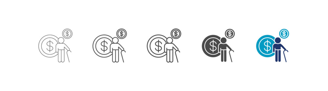 pension icon set consisting of multiple styles vector illustration. editable stroke