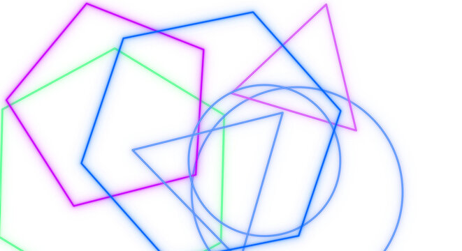 Vibrant neon geometric light. colorful intersecting pentagon circle shapes, thin glowing lines. for retro synthwave party flyer, game stream overlay layout. isolated transparent render png.