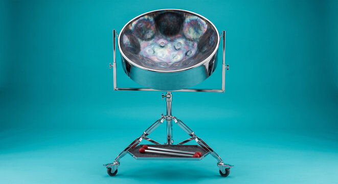 A professional product studio shot of a full-size steel drum mounted on a chrome stand, presented against a seamless, vibrant turquoise background
