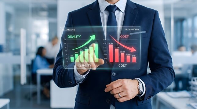 Businessman analyzing data dashboard with rising quality and falling cost charts for corporate efficiency